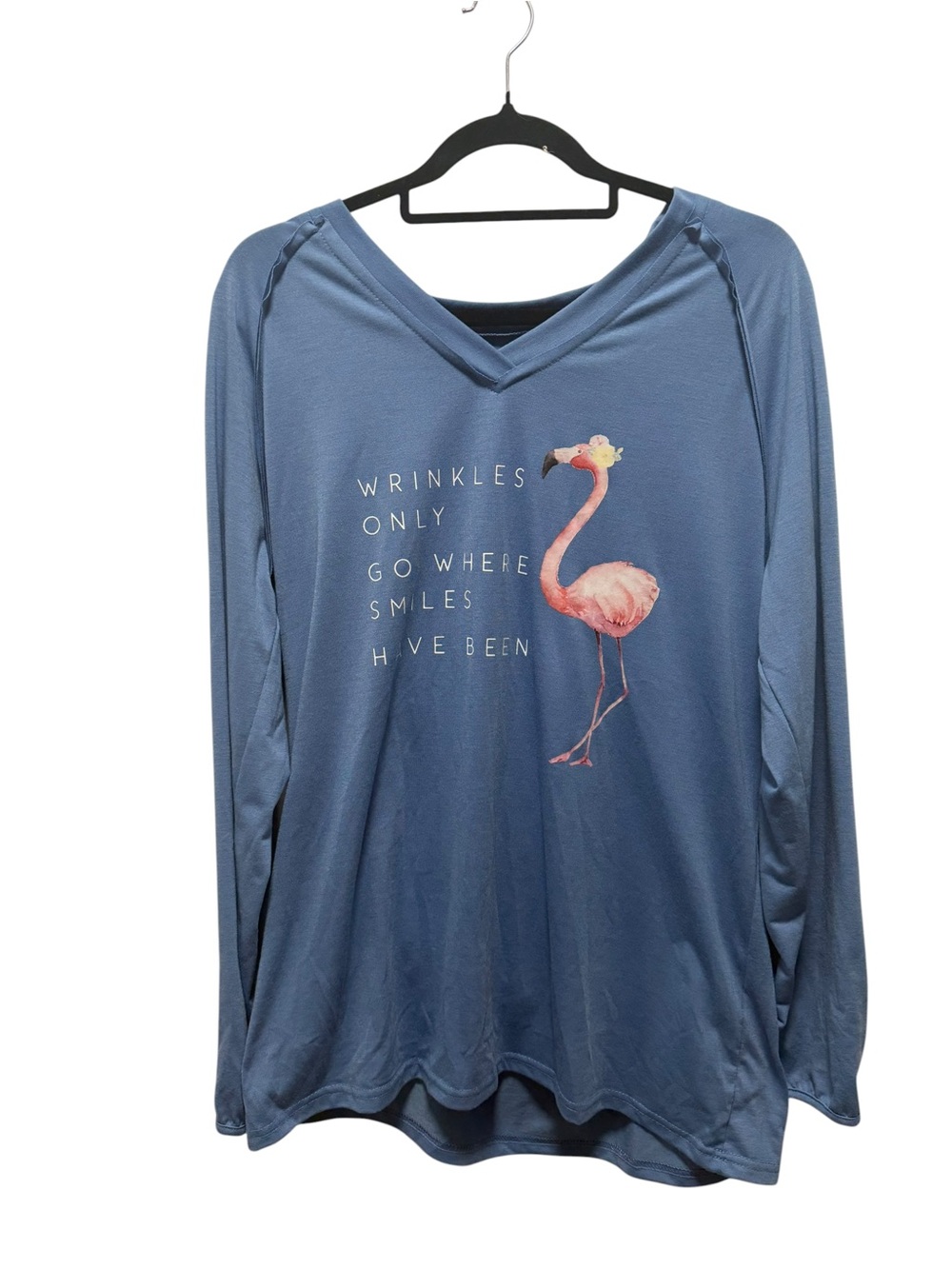 Blue V‑Neck Flamingo Graphic Long Sleeve Top